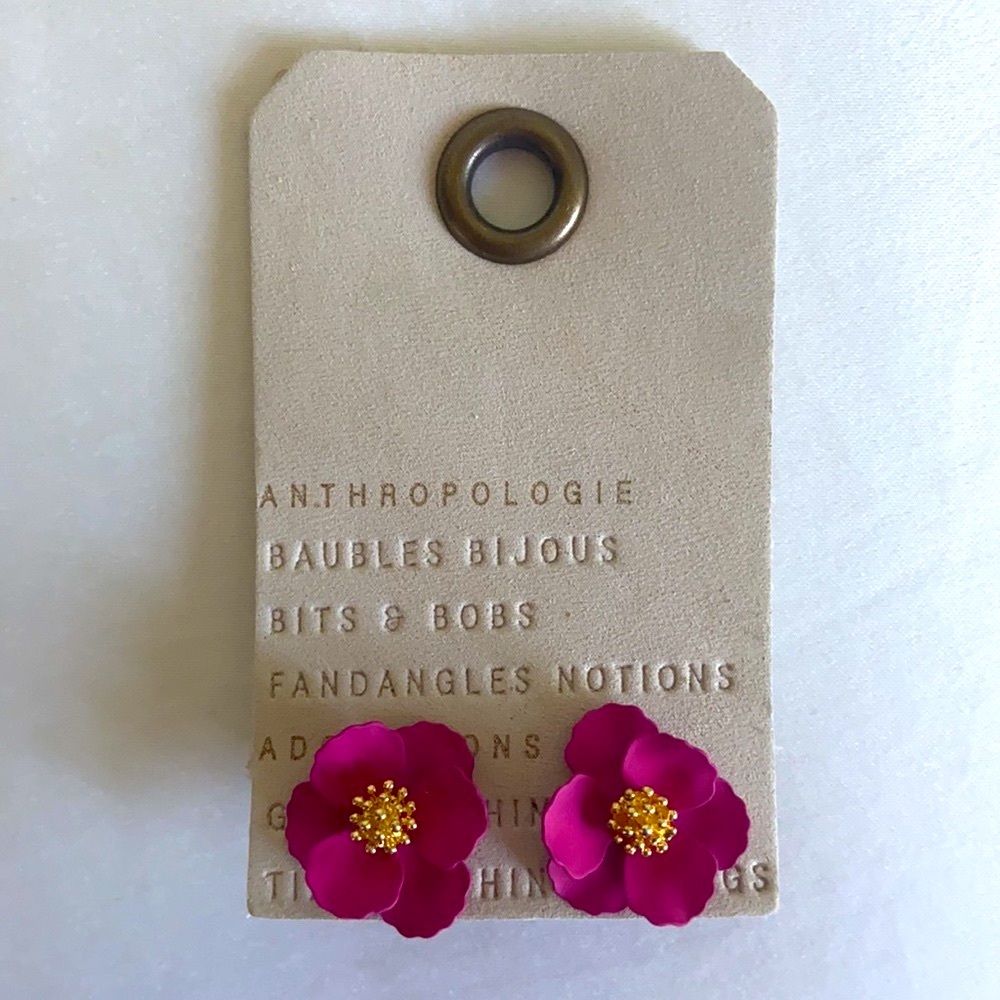 🆕WT! Anthropologie 18k Gold Post, Pink Petal Earrings - Picture 7 of 8